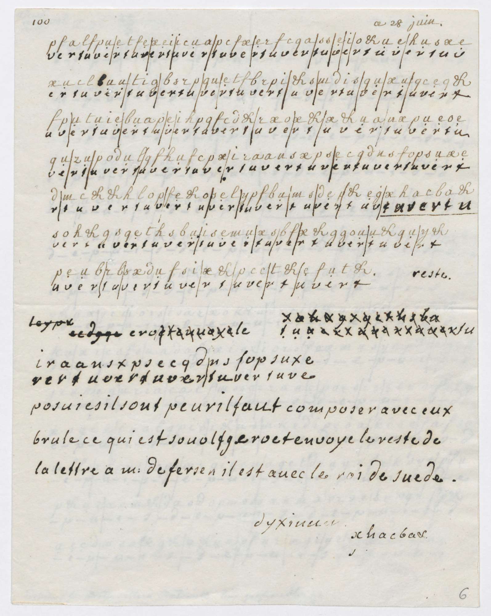 *Lettre cryptée échangée entre la reine Marie-Antoinette et le comte
Axel de Fersen,\
datée du 28 juin 1791 - AN440AP/1, dossier 1, pièce 6, page 1*.